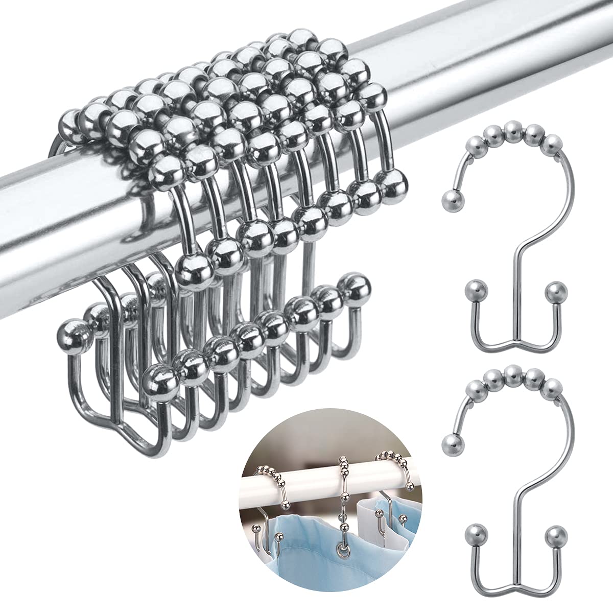 HASTHIP Bathroom Curtain Hooks,Stainless Steel Hook for Curtains,Rust-Resistant Metal Double Hooks Curtain Rings,Rolling Shower Curtain Hooks for Bathroom Shower Curtain Rods Curtains, Set of 10 HASTHIP Bathroom Curtain Hooks,Stainless Steel Hook for Curtains,Rust-Resistant Metal Double Hooks Curtain Rings,Rolling Shower Curtain Hooks for Bathroom Shower Curtain Rods Curtains, Set of 10
